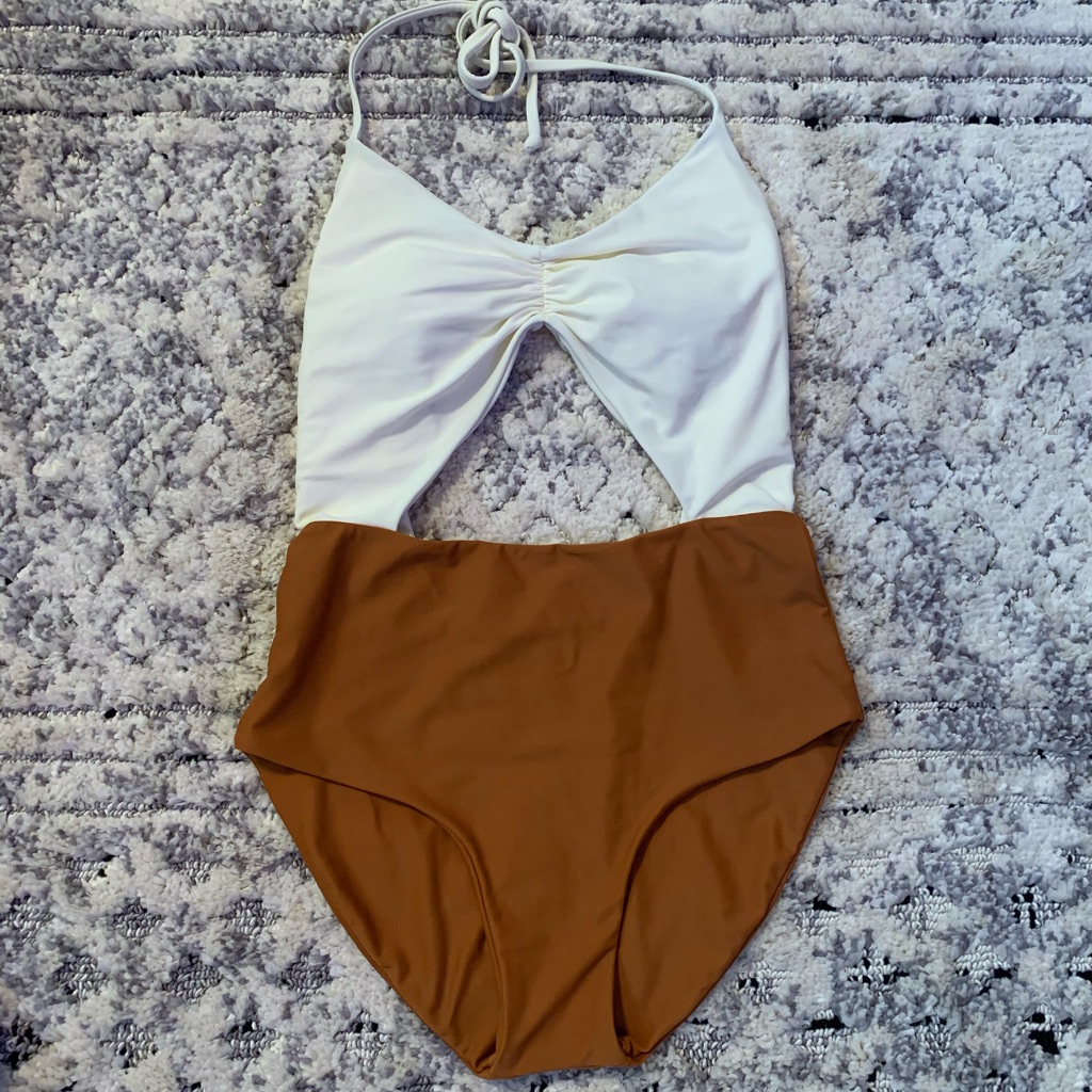 Two-Tone Cream And Brown One-Piece Swimsuit With Cutout